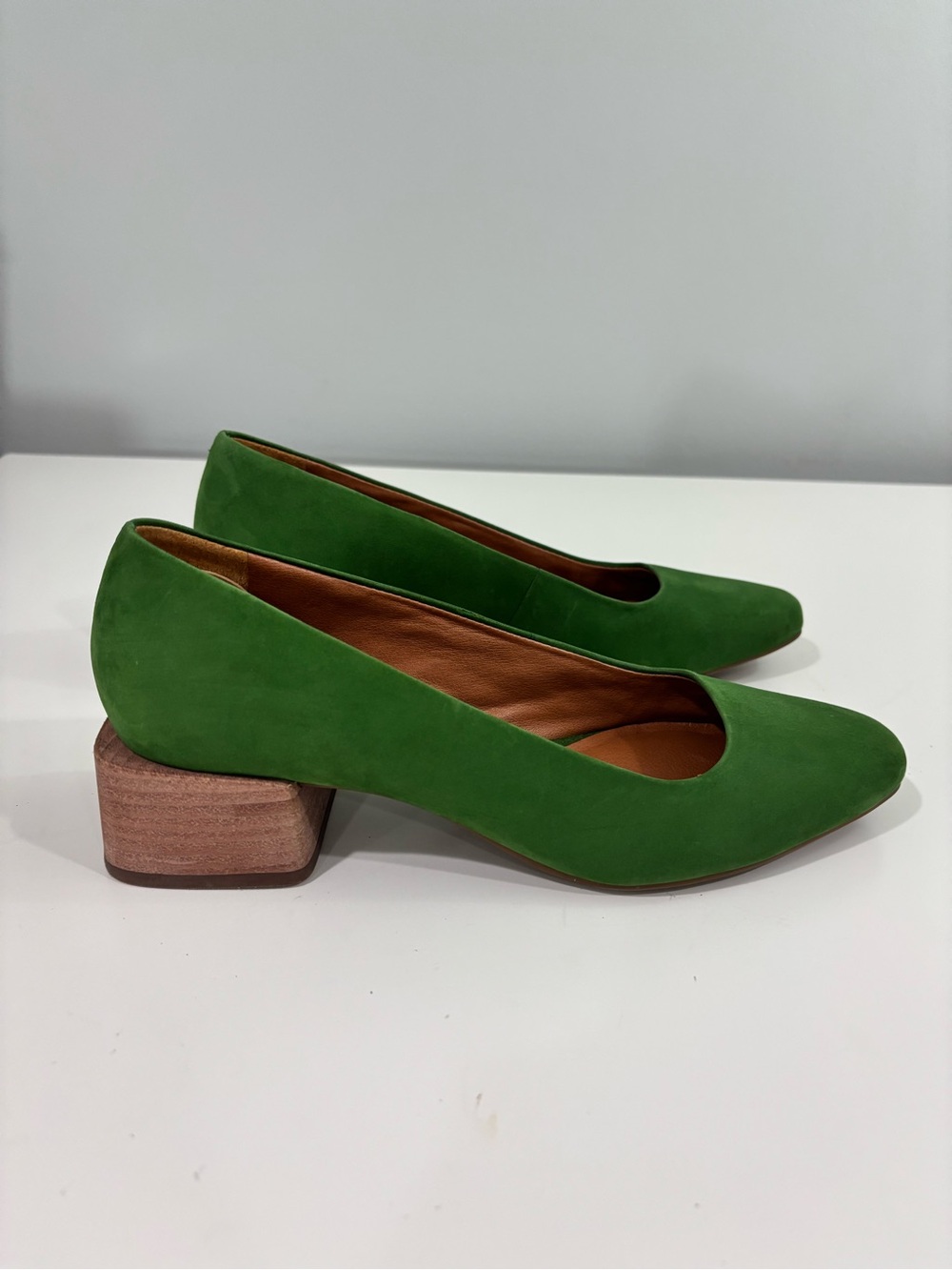 Chelsea & Violet Green Suede Block Heel Pumps